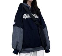 WINKEEY Women Japanese Kawaii Print Hoodie Y2K Gothic Sweatshirt Cute Harajuku Pattern Long Sleeve Pullover, Navy Blue L