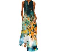 WINKEEY Women Maxi Dress Butterfly Floral Print V-Neck Ethnic Bohemian Sleeveless Plus Size Summer Long Dress with Pockets Holiday Party Beach, Green Butterfly M