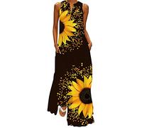 WINKEEY Women V-Neck Maxi Dress Floral Print Sleeveless Chic Bohemian Plus Size Long Dress with Pockets, Black Sunflower 4XL