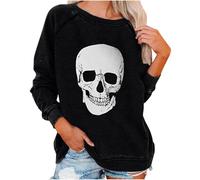 WINKEEY Womens Casual Sweatshirt Skeleton Skull Print Sweatshirt Cozy Pullover Sweatshirt Outdoor Baggy Blouse Halloween Jumper Gift for Women,Skeleton Head Black 2XL