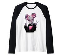 Winking Goth Girl Cartoon Punk Pink Bow Glasses Portrait Raglan Baseball Tee