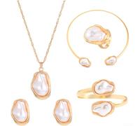 Winlaovate Women's Baroque Pearl Set Necklace Earrings Ring Gold Silver | Irregular baroque pearls, vintage European design, alloy electroplating, gold silver finish, elegant look