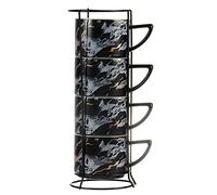 Winlauyet 200ml Set of 4 Porcelain Cappuccino Espresso Cups with Chrome Rack Holder Coffee Tea Cup (Black)