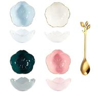 Winlauyet 4 Pcs Ceramic Sauce Dishes Dip Bowls with Spoon Sakura-Shape Mini Bowl Set Cherry Blossom Dish Tableware Sushi Soy Dishes for Snack Appetizer Dessert