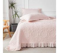 WINLIFE Pink Ruffled Quilt Set 3pcs, Queen Size 90''x98'' Stone Washed Crinkled Quilt Set with Pillow Shams, Lightweight Microfiber All Season Bedspread Coverlet for Farmhouse Shabby Chic Bedroom