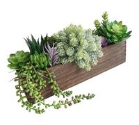 Winlyn 15" Assorted Artificial Succulent Arrangement Assorted Succulents in Rectangular Wooden Planter Faux Potted Plant for Farmhouse Table Centerpiece Windowsill Shelf Desk Mantel Greenery Décor