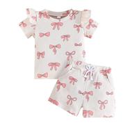 Winmany 2PCS Toddler Baby Girl Summer Clothes Little Girl Cute Bow Short Sleeve Top Shirt Outfits Set with Pockets