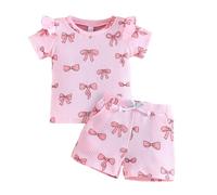 Winmany 2PCS Toddler Baby Girl Summer Clothes Little Girl Cute Bow Short Sleeve Top Shirt Outfits Set with Pockets
