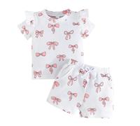 Winmany 2PCS Toddler Baby Girl Summer Clothes Little Girl Cute Bow Short Sleeve Top Shirt Outfits Set with Pockets