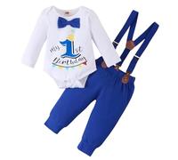 Winmany Baby Boys 1st Birthday Outfit Toddler Cake Smash Clothes Long Sleeve Romper Suspender Pants First Birthday Clothing Set