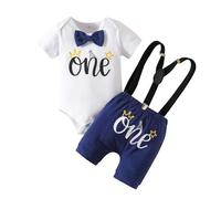 Winmany Baby Boys 1st Birthday Outfit Toddler Cake Smash Clothes Short Sleeve Romper Suspender Shorts First Birthday Clothing Set