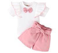 Winmany Toddler Girl Fall Outfit 2 Pcs Little Girls Winter Ribbed Ruffled Long Sleeve Top Pleated Skirt Set White Pink Cloths (Short Sleeve + Shorts, 6-12M)