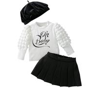 Winmany Toddler Girl Fall Outfits with Beret Hat 3PCS Little Baby Girls Winter Long Puff Sleeve Top Mini Skirt Clothes Set