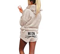 Winmany Women Cat Embroidery Pajamas 2pcs Winter Cute Girls Hooded Sleepwear Cat Ear Bathrobe Long Sleeve Shorts Fleece Tracksuit Suit (M, Beige)