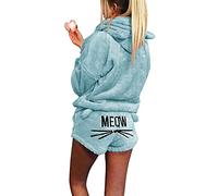 Winmany Women Cat Embroidery Pajamas 2pcs Winter Cute Girls Hooded Sleepwear Cat Ear Bathrobe Long Sleeve Shorts Fleece Tracksuit Suit (M, Blue)