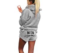 Winmany Women Cat Embroidery Pajamas 2pcs Winter Cute Girls Hooded Sleepwear Cat Ear Bathrobe Long Sleeve Shorts Fleece Tracksuit Suit (M, Light Grey)