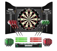 WINMAU Dart Board Set - Professional Bristle Dartboard with Black Cabinet & Accessories | 2 Darts Sets, Oche Line, Chalk & Towel | Complete Set for Beginners & Professionals (Masters Pro)