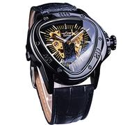 Winner Fashion Mechanical Wrist Watch Triangle Racing Dial, Waterproof Golden Skeleton Dial Automatic Movement Leather Design Mechanical Watch for Men, Black_1, Mechanical