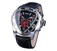 Winner Fashion Mechanical Wrist Watch Triangle Racing Dial, Waterproof Golden Skeleton Dial Automatic Movement Leather Design Mechanical Watch for Men, Black Red, Mechanical