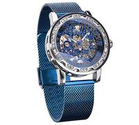 Winner Retro Manual Mechanical Skeleton Watch with Diamond and Carving Flower Craft Men Skeleton Wrist Watch Mechanical Classic Roman Number, Blue2, Casual