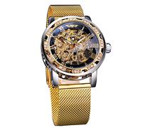 Winner Retro Manual Skeleton Watch with Diamond and Carving Flower Craft Men Skeleton Wrist Watch, Gold-W, Mechanical
