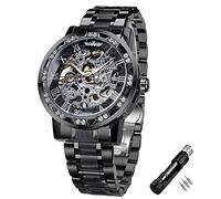 Winner Retro Skeleton Watch with Diamond and Carving Flower Craft Men's Watch - Mechanical, BlackSilver
