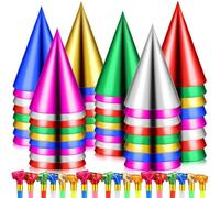 WinnerWhy 100 Pcs Birthday Party Cone Hats and Colorful Noisemakers Blowers Set Metallic Foil Paper Cone Hats Noisemakers Blow Whistle for Kids Children Adults Birthday Party Favors Supplies