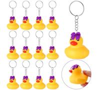 WinnerWhy 12 Pcs Cheer Team Gifts Bulk Cheer Ducks with Bows Cheerleader Rubber Duck Keychain Cheerleading Inspirational Gift, Rubber, No Gemstone