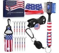 WinnerWhy 15Pcs American Flag Golf Accessories Kit, Include Golf Towel Plastic Golf Tee Golf Ball Bag with Hook Golf Divot Tool with Magnetic Ball Marker Golf Club Brush 4th of July Golf Gifts for Men