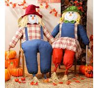 WinnerWhy 2 Pcs 64" Large Scarecrow Fall Thanksgiving Sitting Scarecrow Halloween Decoration Life Size Harvest Scarecrows for Indoor Outdoor Autumn Harvest Decoration for Outside Garden Porch Decor