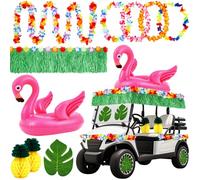 WinnerWhy 29 Pcs Summer Tropical Golf Cart Parade Decorations Tropical Flower Leis Tinsel Garland Grass Fringe Banner Inflatable Flamingo Tube Paper Pineapples Leaves for Luau Party Supplies (Green)