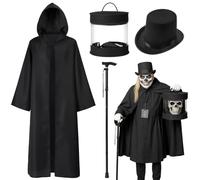 WinnerWhy 4pcs Halloween Adult Ghost Costume Cosplay for Men Full Set Haunted Hat Costume Outfits with Black Cape, Black Magician Hat, Large Felt Box, Cane for Outfit Party