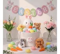 WinnerWhy Easter Bunny Gift Basket Set Easter Basket Plush Bunny Rabbit Eggs Plush Animal Gifts for Party Favor Picnic Decoration