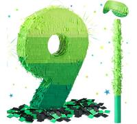 WinnerWhy Number Piñata Decorations 16 Inch Gradient Green Number Piñata with Blindfold Stick and Confetti for Birthday Baby Shower Safari Jungle Themed Party Supplies Centerpiece(Number 9)