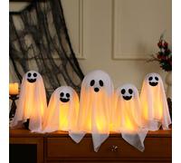 WinnerWhy Set of 5 Halloween Ghost Decoration 14" 11" 9" Ghosts Table Centerpieces with LED Candles with Metal Stand Spooky Halloween Tabletop Crafts for Party Indoor Home Room Kitchen Office, 3 Sizes