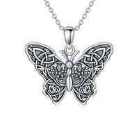 WINNICACA Butterfly Necklace for Women Sterling Silver Oxide Vintage Retro Celtic Rose Butterfly Pendant Necklace Irish Jewellery Gifts