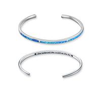 WINNICACA October Birthstone Bracelet Sterling Silver Created Blue Opal Adjustable Cuff Bangle Jewellery Gifts for Women Birthday,Engraved 'she believed she could so she did' in the back of Bracelet