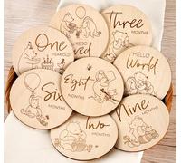 Winnie Baby Monthly Milestone Marker, Wooden Discs for Baby Photo Props with Hello World Newborn Sign - 8Pcs Double Sided Signs- Laser Engraving