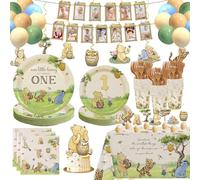 Winnie Pooh First 1st Birthday Decorations 192Pcs Vintage Pooh Bear Plates Cups Napkins Balloons Banner Tablecloth Swirls Cupcake Toppers for First Birthday Girls Boys, 25 Guests