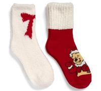 Winnie the Pooh Women's Disney Holiday 2 Pack Mid Crew Fuzzy Slipper Socks, Red Multi, 9-11
