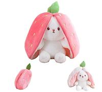Winnsell Bunny Toy Age 3+ for Kids, Hide And Seek Bunny Plush Toy Reversible Strawberry Rabbit Pillow with Zipper,Wrapped In Strawberries Plush Toy Floppy Ear Soft Stuffed Dolls Gift for Boys Girls