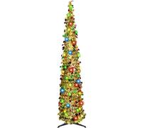 WINOK 5 FT Collapsible Artificial Christmas Tree, Collapsible Pop Up Christmas Tinsel Tree with 100 Color Lights, Tinsel Christmas Tree for Home Party Indoor Outdoor Xmas Decoration (Colorful Golden)