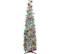 WINOK 5 FT Collapsible Artificial Christmas Tree, Collapsible Pop Up Christmas Tinsel Tree with 100 Color Lights, Tinsel Christmas Tree for Home Party Indoor Outdoor Xmas Decoration (Colorful Silver)
