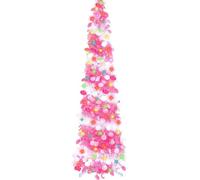 WINOK 5 FT Collapsible Artificial Christmas Tree, Collapsible Pop Up Tinsel Tree with 100 Color Lights for Home Party Indoor Outdoor Xmas Decoration (Pink White)