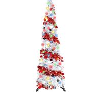 WINOK 5 FT Collapsible Artificial Christmas Tree, Collapsible Pop Up Tinsel Tree with 100 Color Lights for Home Party Indoor Outdoor Xmas Decoration (Silver Red)