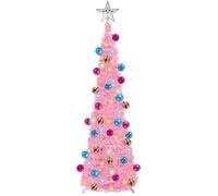 WINOK 5 FT Collapsible Artificial Christmas Tree, Pop Up Christmas Decoration with Color Lights, Tinsel Christmas Tree with Star and Baubles for Xmas Holiday Home Decoration (Pink)