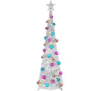 WINOK 5 FT Collapsible Artificial Christmas Tree, Pop Up Christmas Tree Decoration with Color Lights, Tinsel Tree with Star and Baubles for Xmas Holiday Home Decoration (Silver)