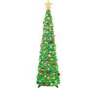 WINOK 5 FT Collapsible Artificial Christmas Tree, Pop Up Tree with Color Lights, Tinsel Christmas Tree with Tree Star and Baubles for Xmas Holiday Home Decoration (Green)