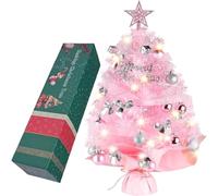 WINOK Mini Christmas Trees, 60cm Tabletop Christmas Tree with Lights, 2FT Artificial Tabletop Christmas Tree with Rich Ornaments for Xmas, Home, Kitchen, Dining Table Decorations (Pink)