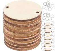 WINOMO 50pcs Natural Unfinished Wood Squares Craft Slices for Crafts with Iron Loops DIY Kit Round Wooden Birthday Reminder Home Decor Discs Log Slice
